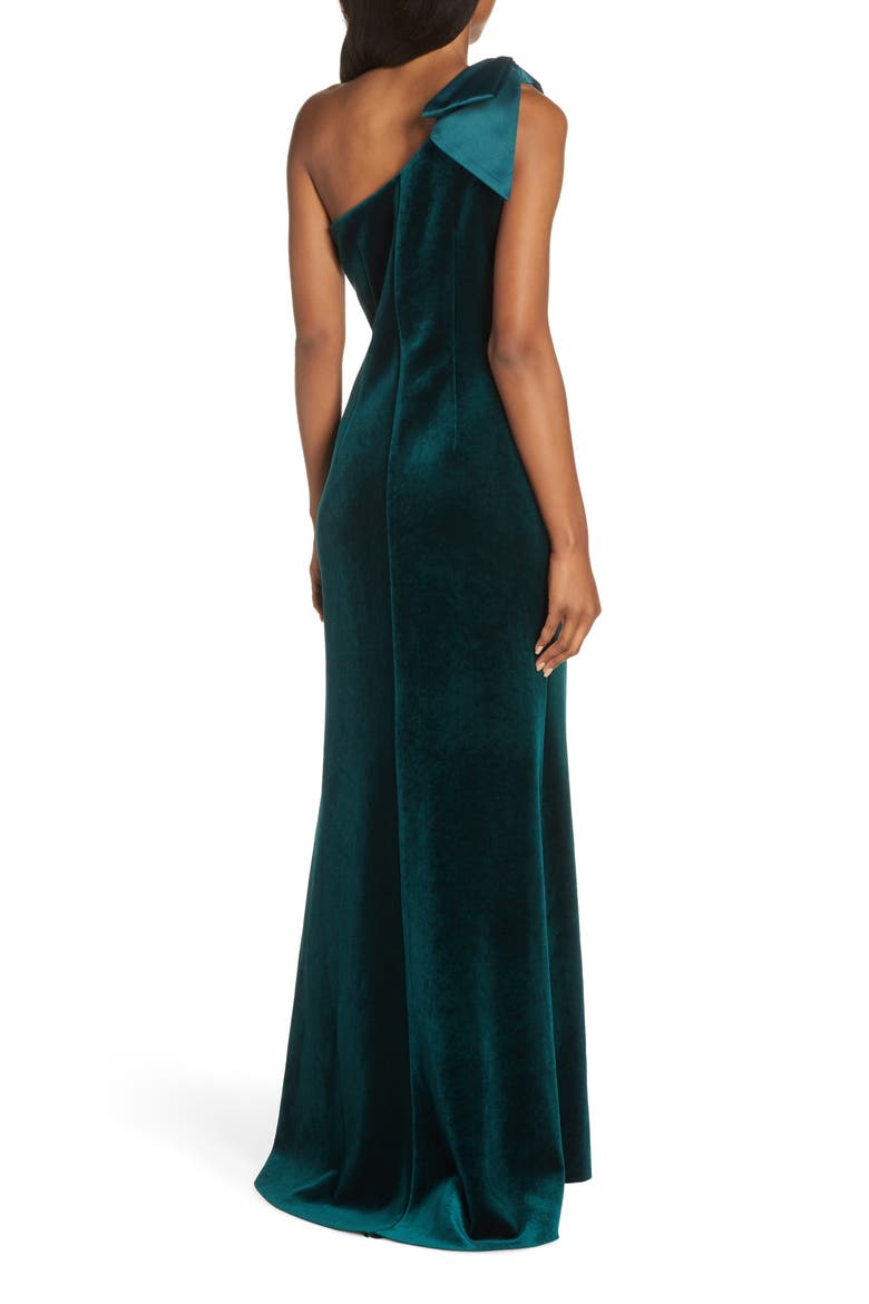 Bow One-Shoulder Velvet Gown, Alternate, color, HUNTER