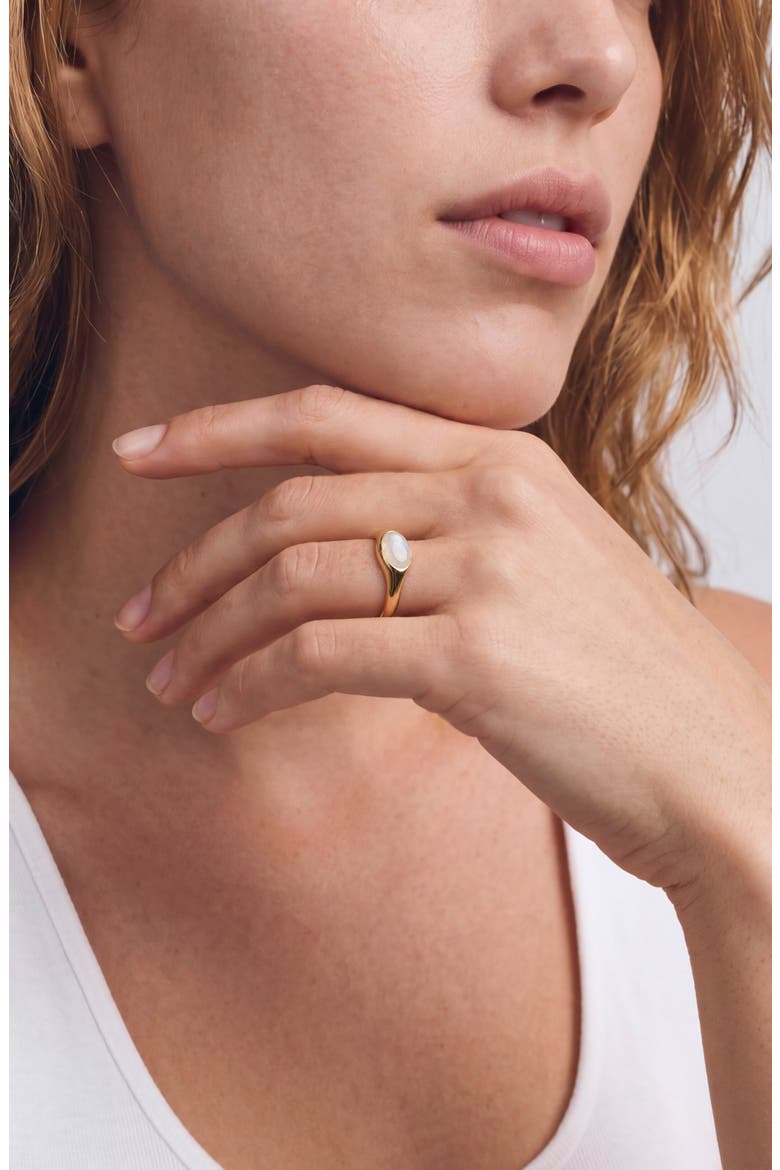 14k Yellow Gold Plated Moonstone Signet Ring, Alternate, color, WHITE/ GOLD