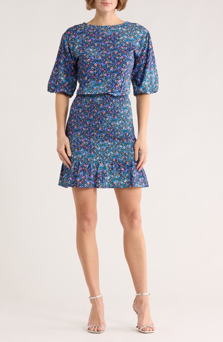 SANDRO Spinelle Floral Short Sleeve Smocked Dress, Main, color, Bleu / Violet