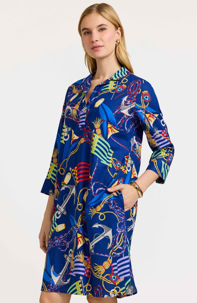 Foxcroft Sloane Nautical Print Linen Blend Shirtdress, Alternate, color, Navy Multi