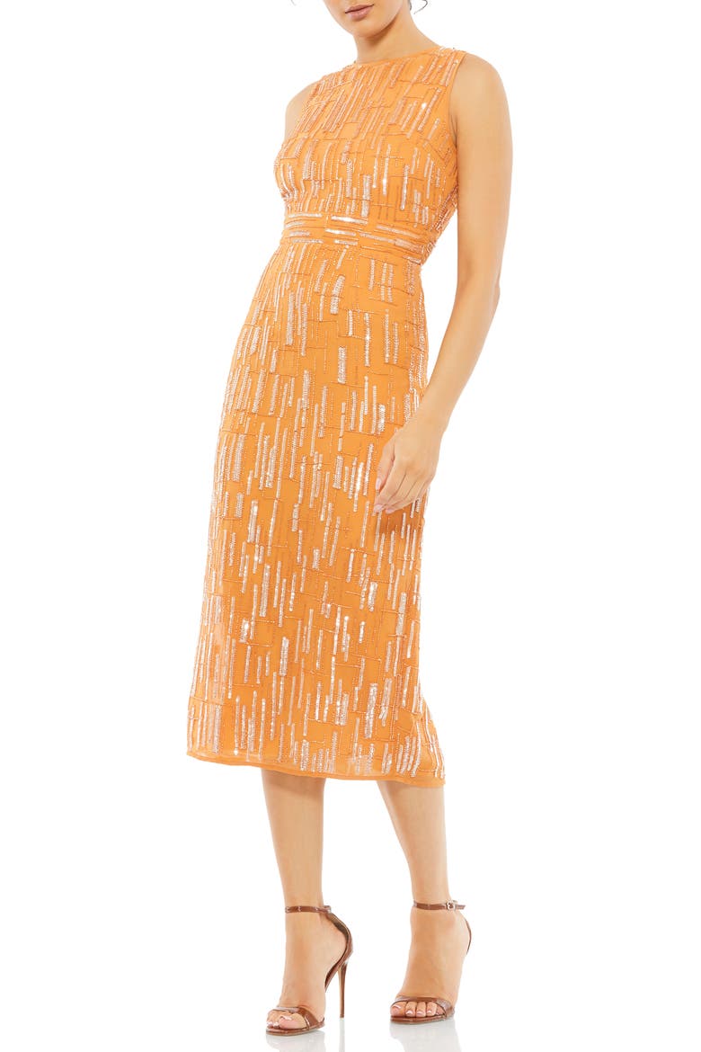 Sequin Mesh Sheath Dress, Main, color, SAFFRON