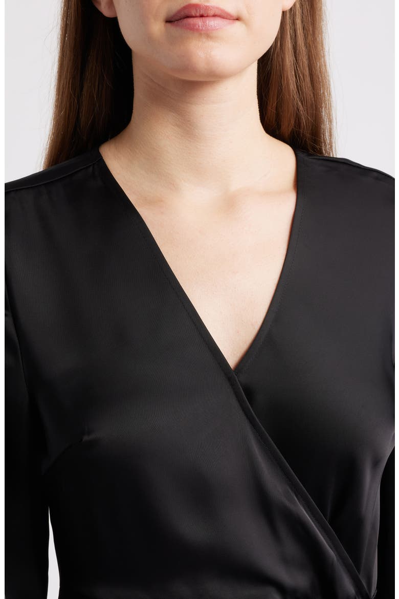 Long Sleeve Faux Wrap Satin Dress, Alternate, color, BLACK