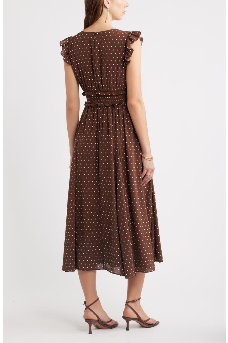 Smocked Chiffon Midi Dress, Alternate, color, BROWN- IVORY KATE DOT
