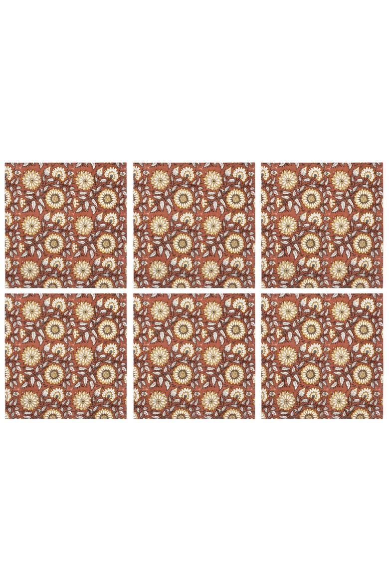Bundi Block Printed 100% Cotton Napkin Set Of 6, Main, color, Brown