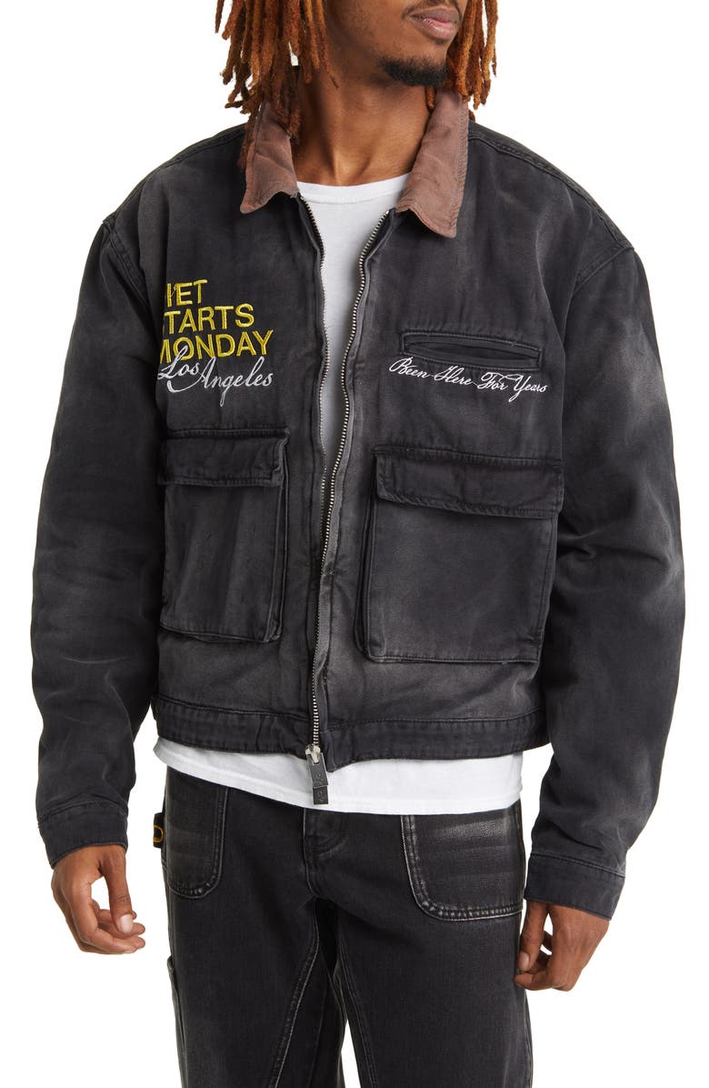 DIET STARTS MONDAY Logo Embroidered Worker Jacket, Main, color,