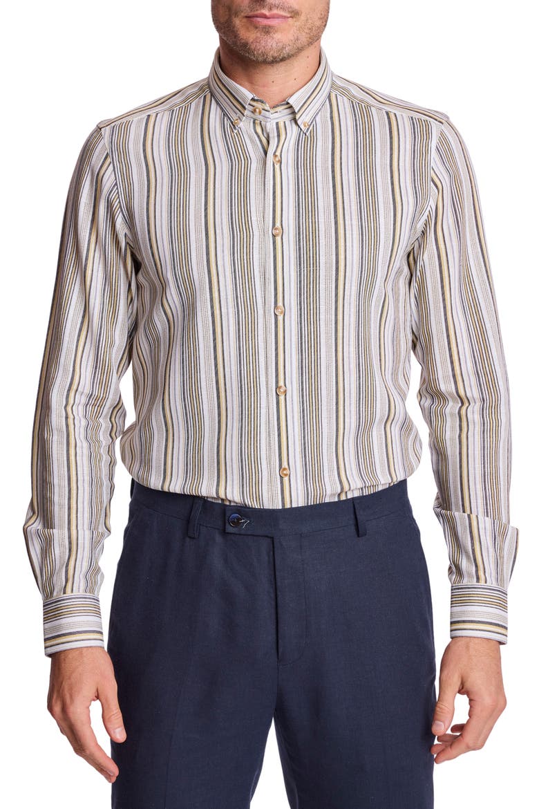 Brian Linen Blend Button-Down Shirt, Main, color, GOLDEN ASH STRIPE