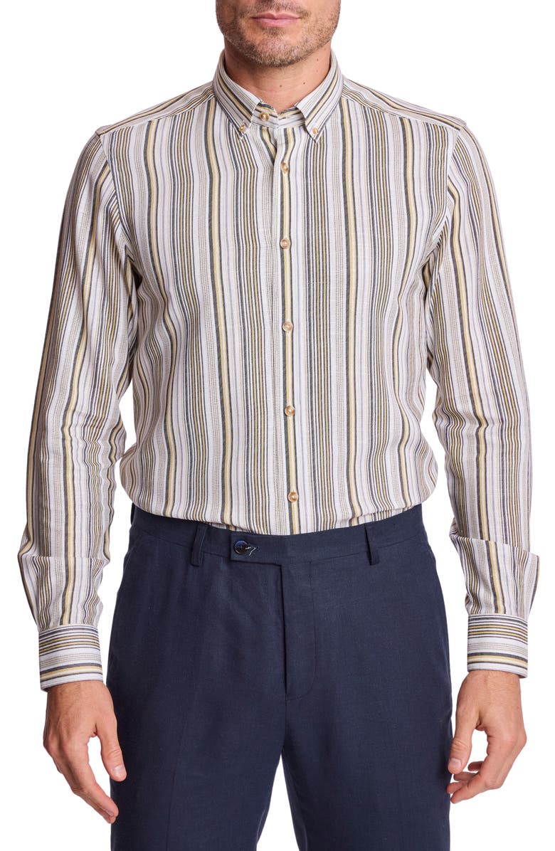 PAISLEY & GRAY Brian Linen Blend Button-Down Shirt, Main, color, Golden Ash Stripe