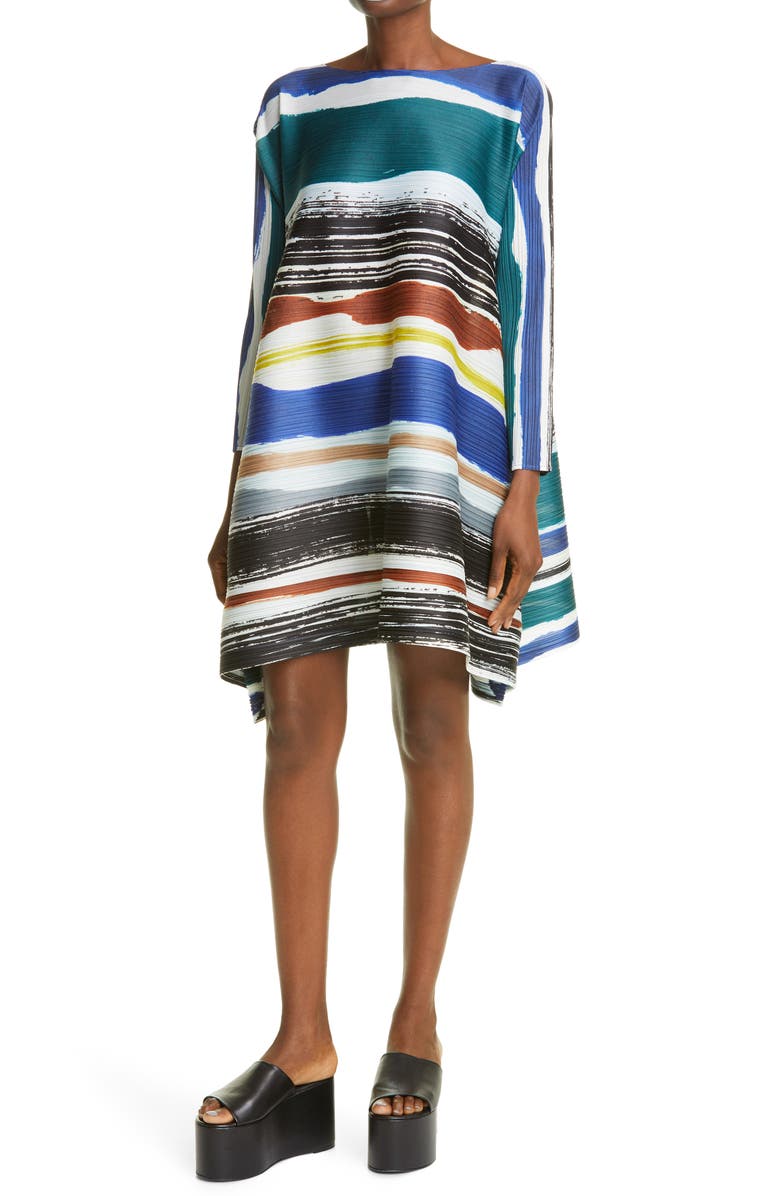 Pleats Please Issey Miyake Leaf Vein Stripe Pleated Tunic Dress, Alternate, color, 