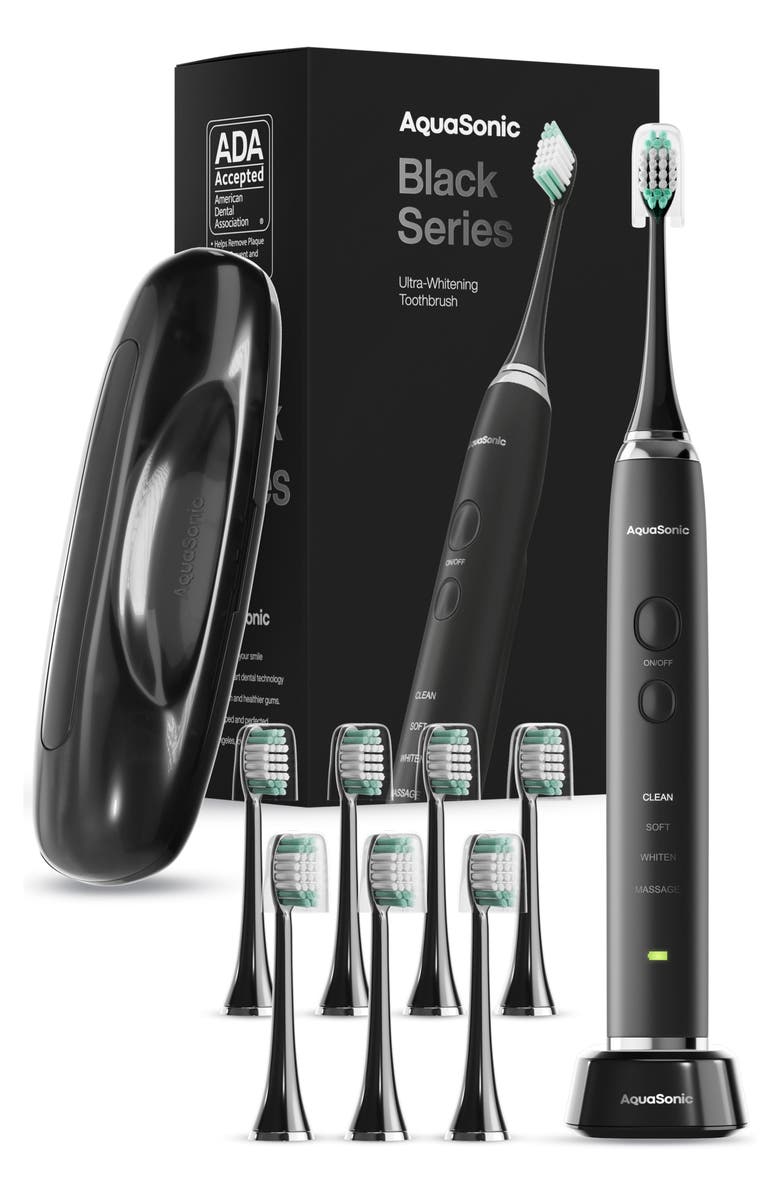 AQUASONIC Black Series Ultra Sonic Whitening ToothBrush with 8 DuPont Brush Heads & Travel Case, Main, color, Black