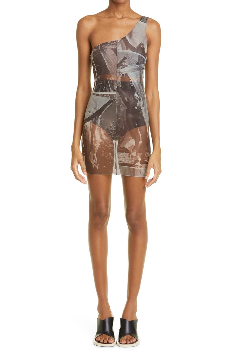 Float Print One-Shoulder Stretch Recycled Polyester Blend Mesh Minidress, Main, color, BEIGE MULTI