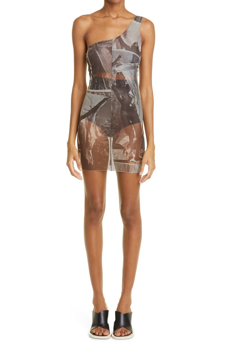 ELLISS Float Print One-Shoulder Stretch Recycled Polyester Blend Mesh Minidress, Main, color, 