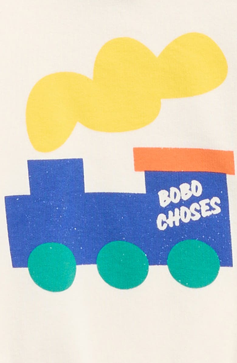 Bobo Choses Choo Choo Stretch Organic Cotton Sweatshirt Bodysuit, Alternate, color, White