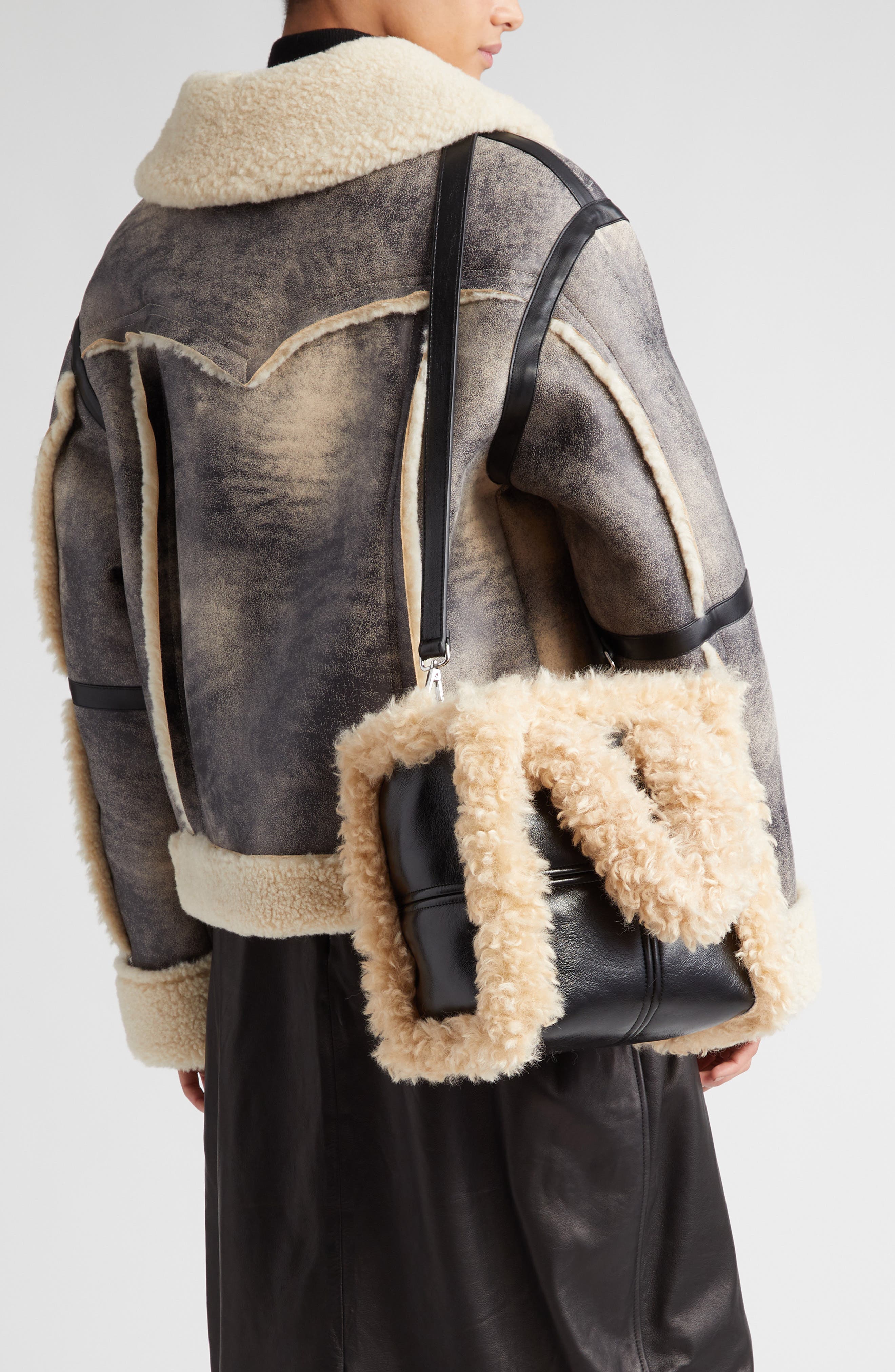 Stand Studio Liz II Faux Leather Top Handle Bag with Faux Shearling Trim, Alternate, color, 