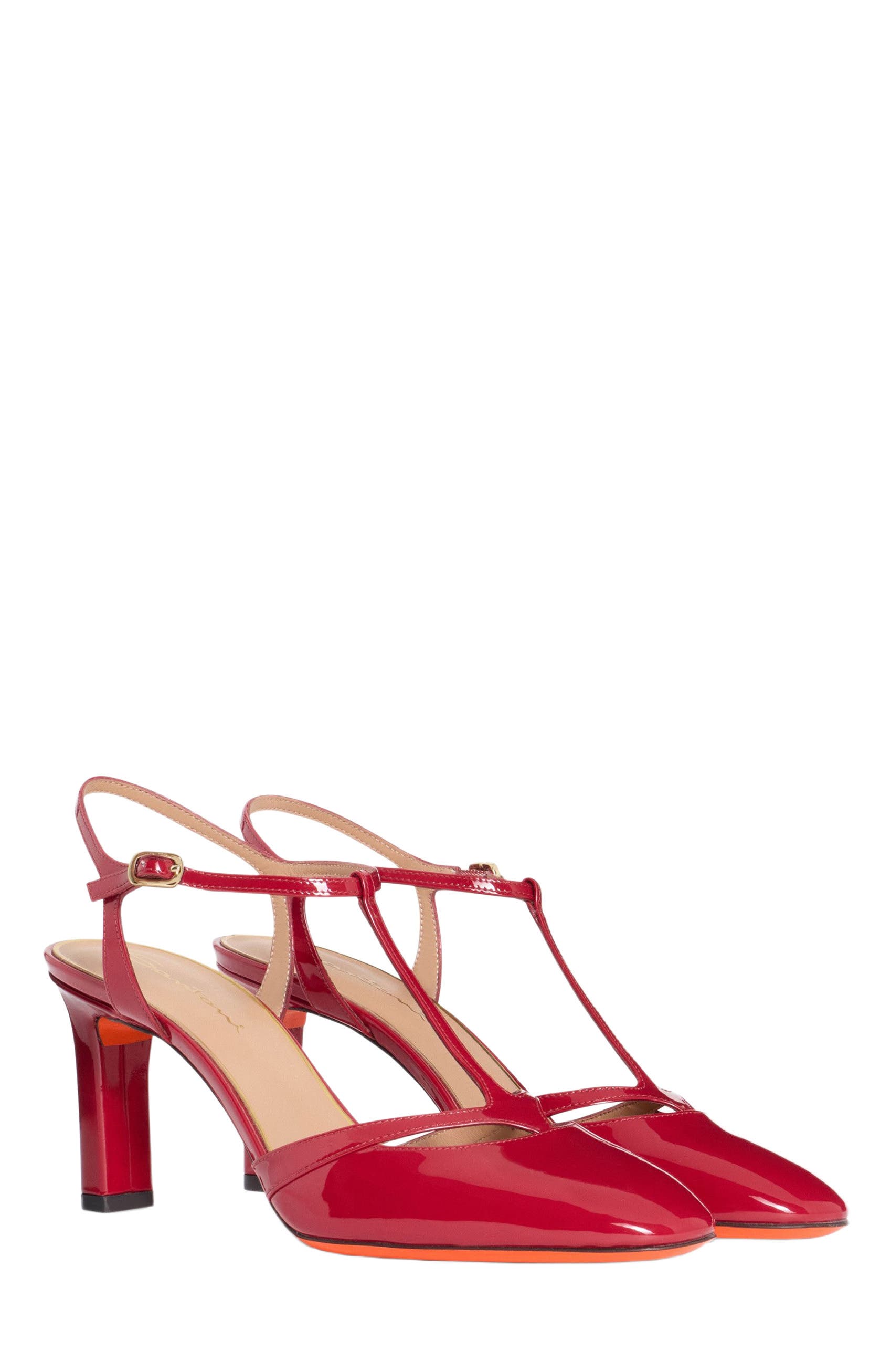 Santoni Women's  patent leather high-heel T-bar pump, Alternate, color, Red