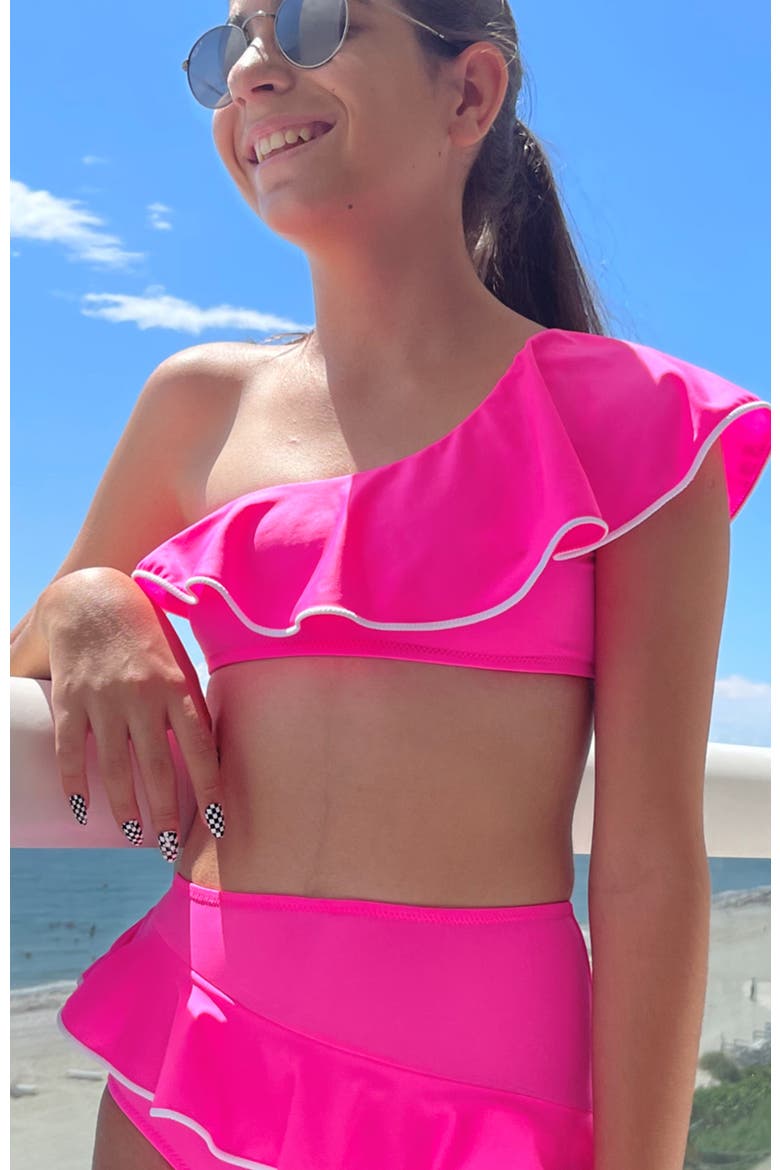 Kids' One Shoulder Ruffle Pipping Detail Two Piece Bikini, Alternate, color, Pink
