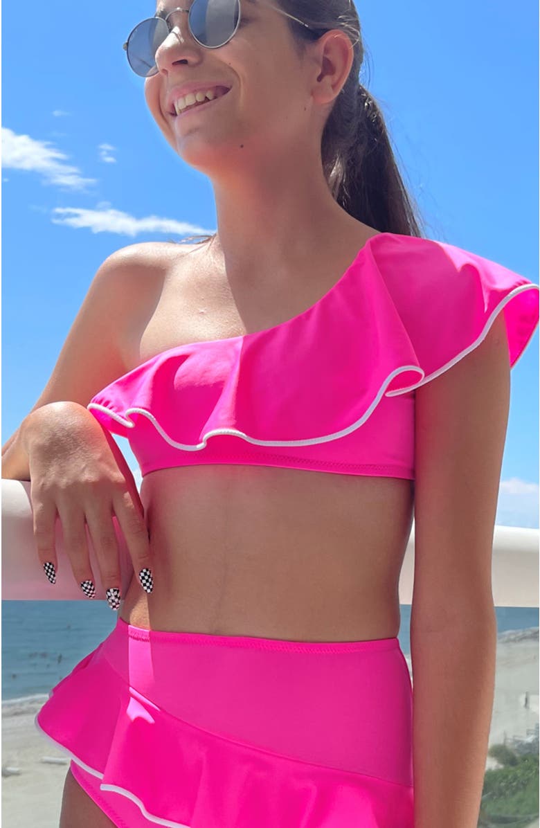 NESSI BYRD Kids' One Shoulder Ruffle Pipping Detail Two Piece Bikini, Alternate, color, Pink