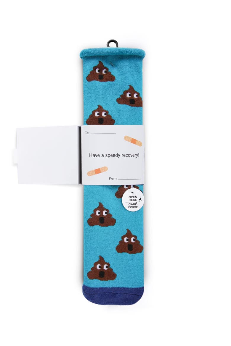 Big Kid's Sorry You Feel Like Poop Emoji Greeting Card Crew Socks, Alternate, color, Turquoise