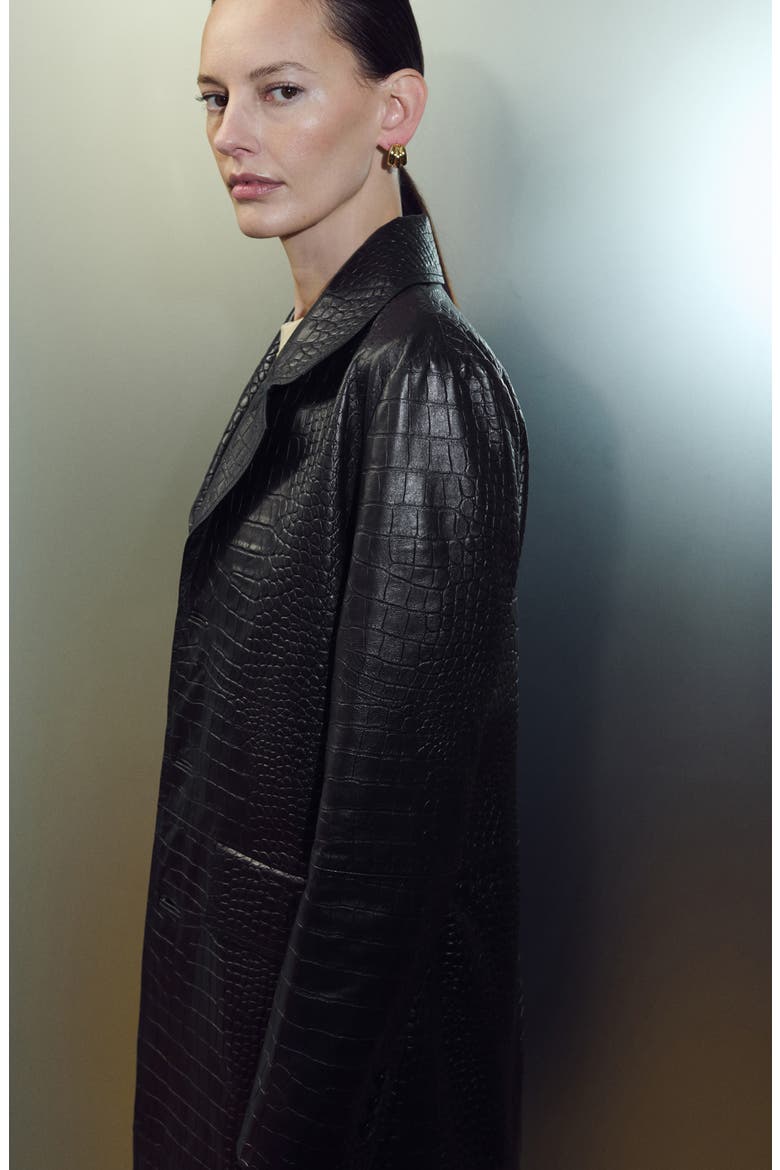 Croc Embossed Leather Coat, Alternate, color, BLACK