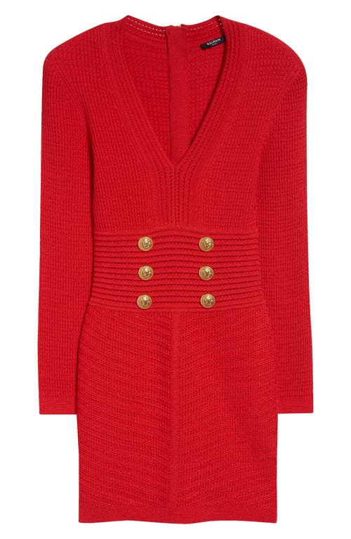 Balmain Buttoned Long-sleeve Pointelle Knit Mini Dress In Bright Red