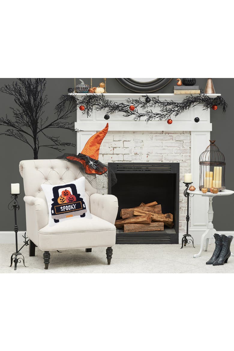 Pumpkin Truck Happy Halloween Hooked Throw Pillow, 3" x 18", Alternate, color, White