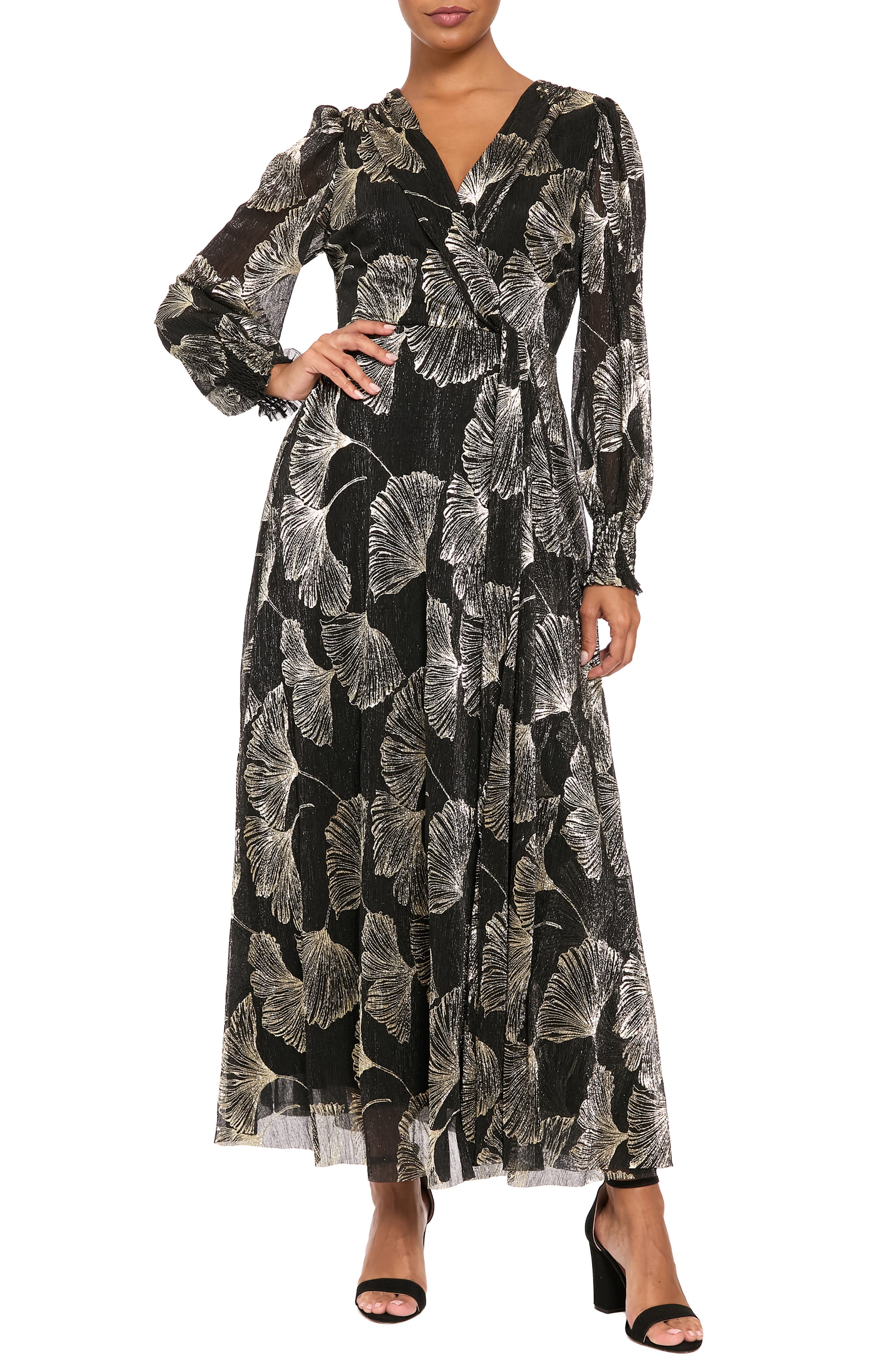 Metallic Long Sleeve Faux Wrap Maxi Dress