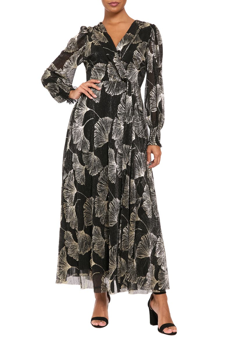 Metallic Long Sleeve Faux Wrap Maxi Dress, Main, color, BLACK/ GOLD F