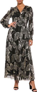 London Times Metallic Long Sleeve Faux Wrap Maxi Dress