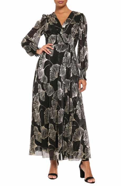 Metallic Long Sleeve Faux Wrap Maxi Dress