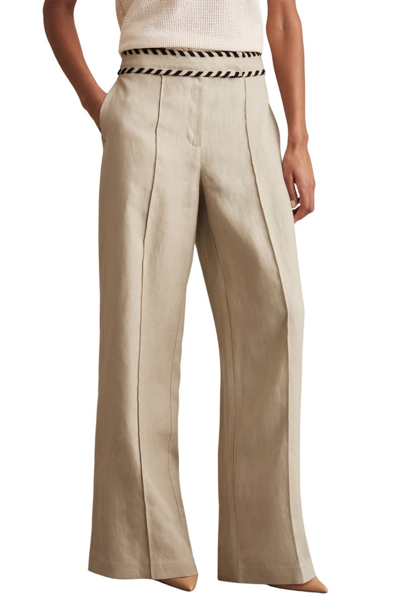 Reiss Fawn Whipstitch Wide Leg Linen Pants, Main, color, Neutral