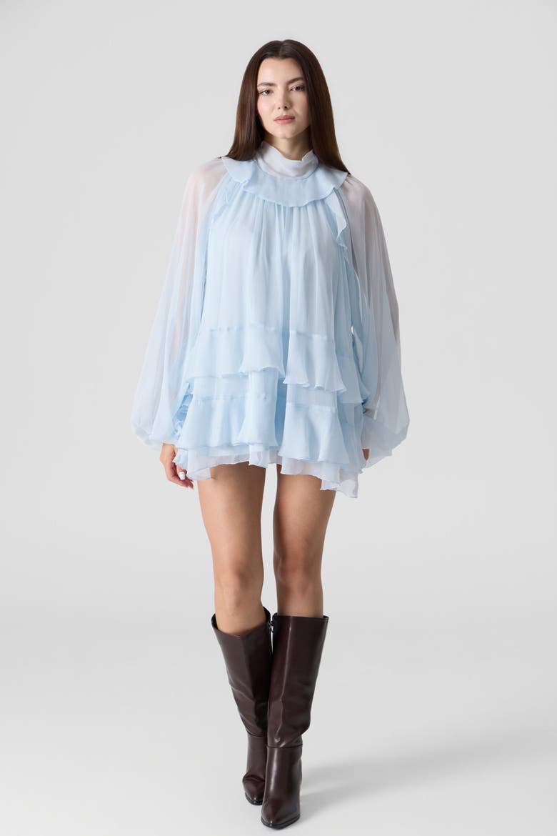 Tiered Ruffle Silk Chiffons Tunic Mini Dress, Alternate, color, Light Blue