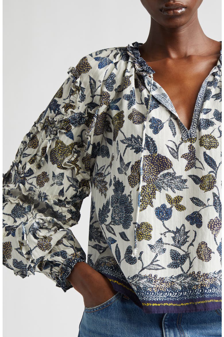Azrou Floral Ruffle Split Neck Peasant Top, Alternate, color, PORCELAIN