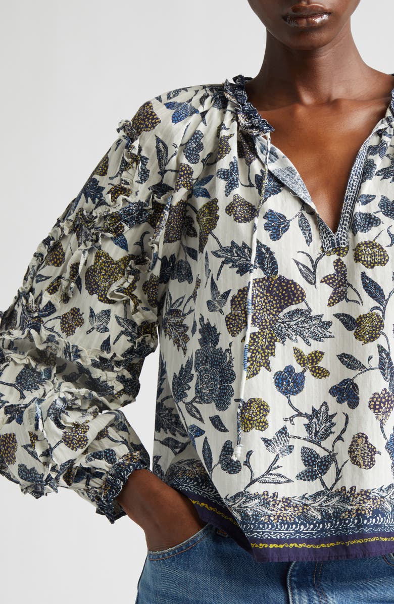Ulla Johnson Azrou Floral Ruffle Split Neck Peasant Top, Alternate, color, Porcelain