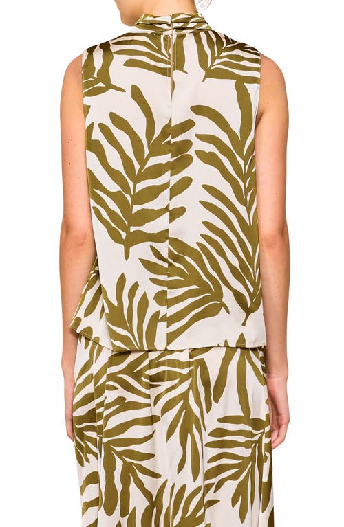 Melloday Floral Sleeveless Satin Top In Olive Cream Leaf