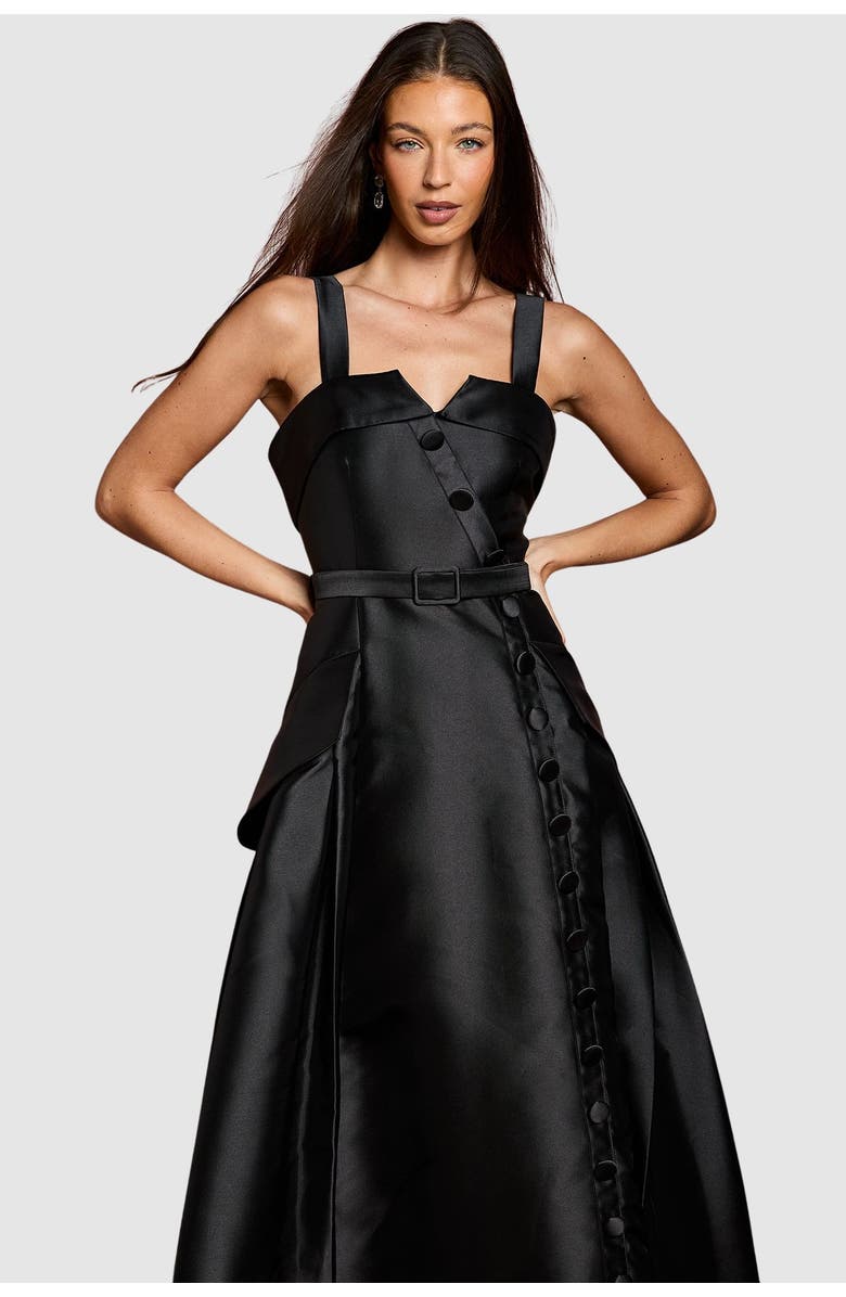 Coast Lisa Twill Volume Belted Midi Dress, Alternate, color, Black