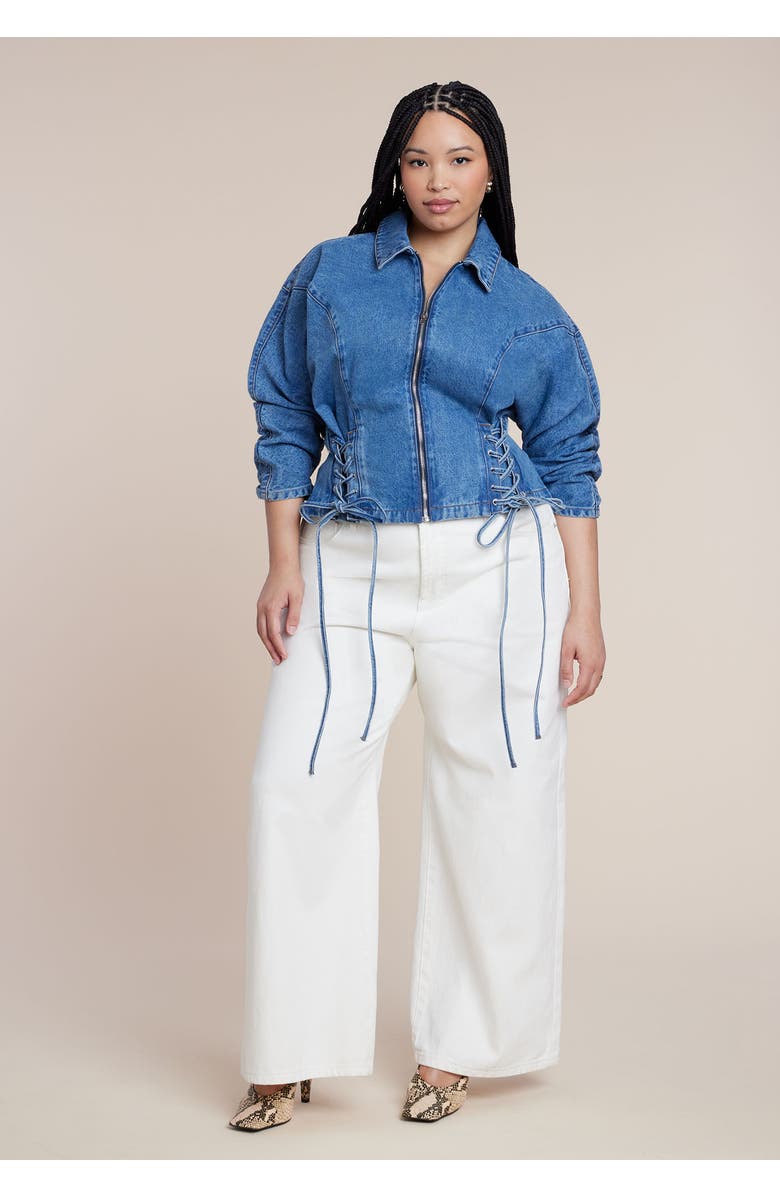 ELOQUII Lace Up Denim Jacket, Alternate, color, Medium Wash