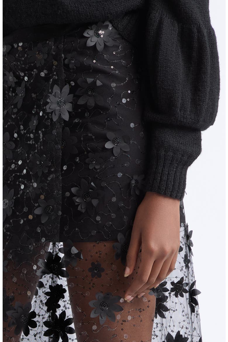 Floral Appliqué Mesh Wrap Maxi Skirt, Alternate, color, BLACK