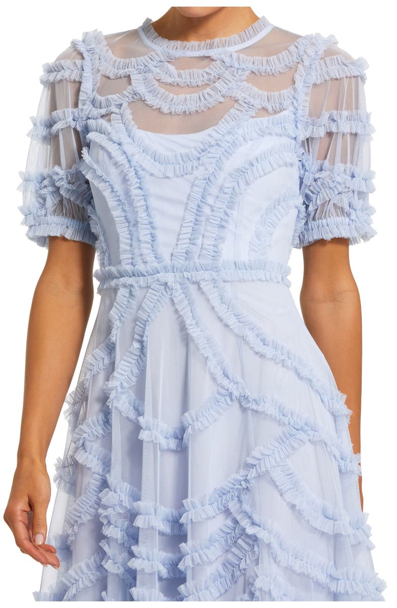 Mac Duggal High Neck Short Sleeve Ruffled Midi Dress, Alternate, color, Periwinkle