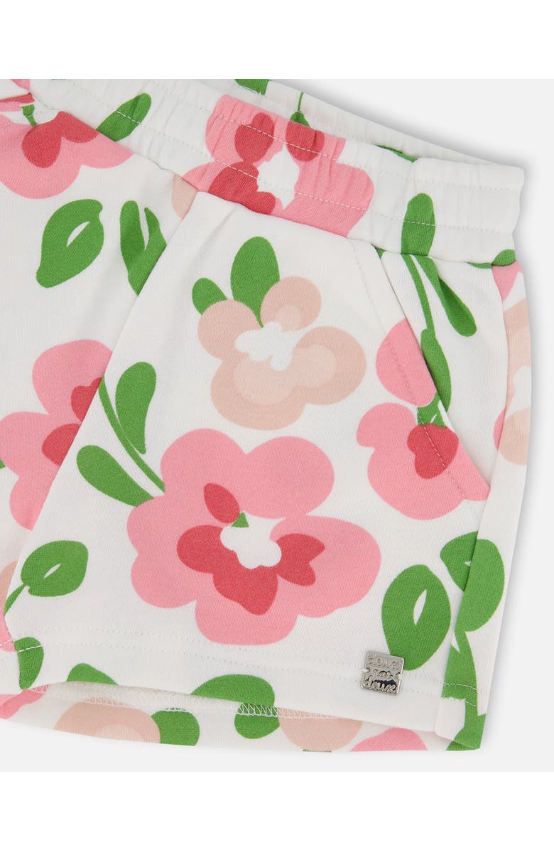 Deux par Deux Little Girl's Printed French Terry Short Pink Flowers On White Background, Alternate, color, 