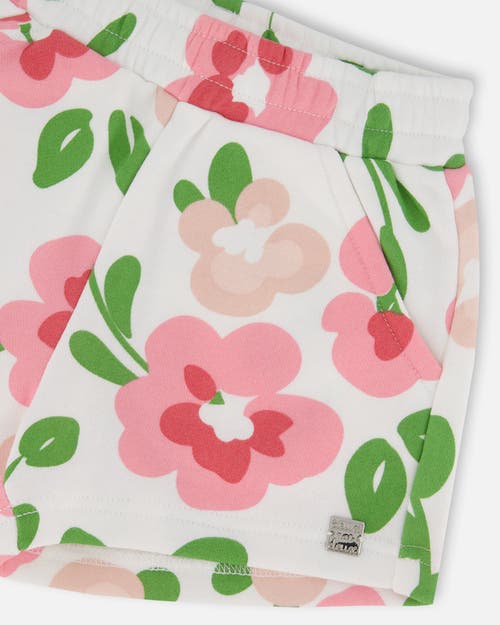 Deux Par Deux Girl's Printed French Terry Short Pink Flowers On White Background In Pink Flowers On White