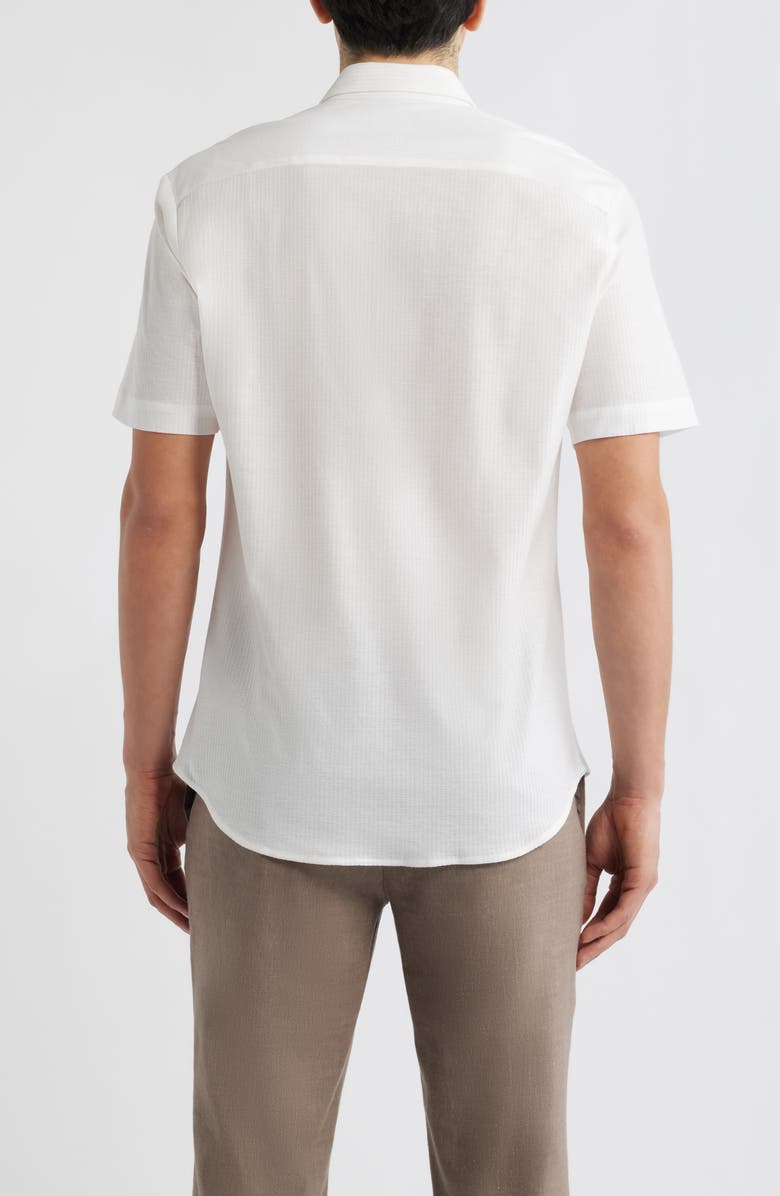 Emporio Armani Textured Stripe Short Sleeve Knit Cotton Button-Up Shirt, Alternate, color, Solid White