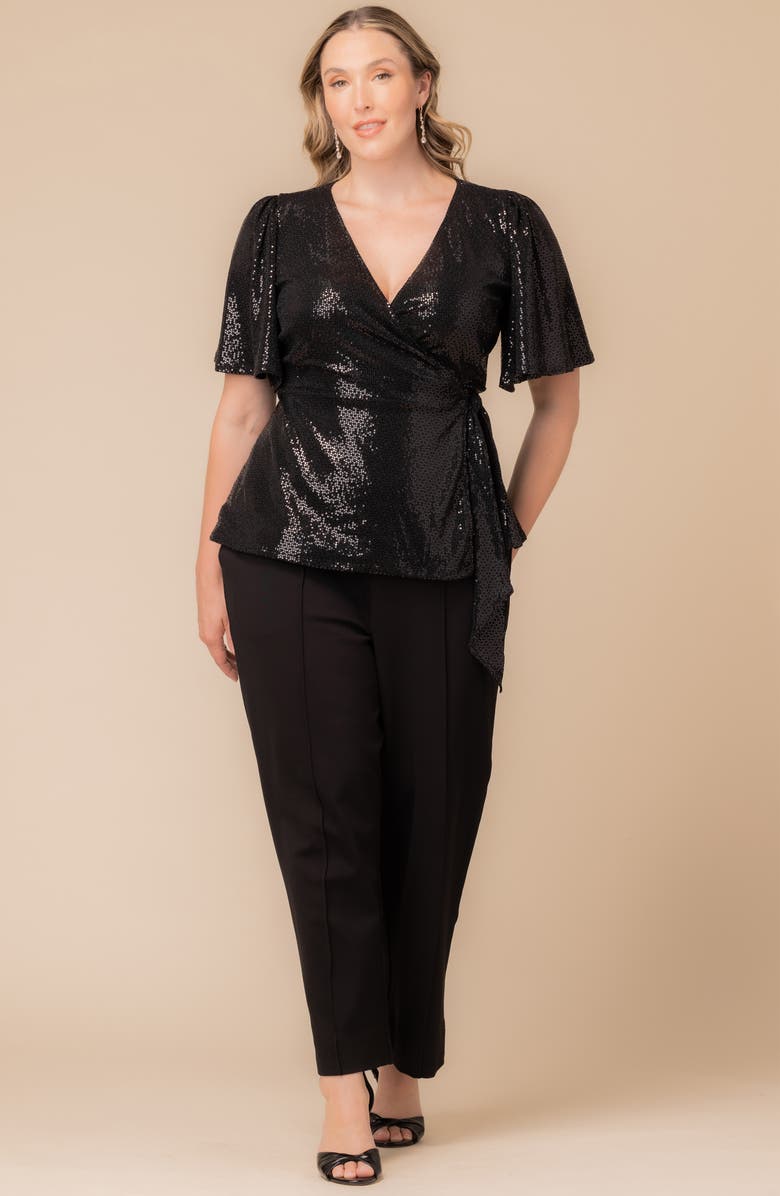 Kiyonna Shimmerying Sequin Wrap Top, Alternate, color, Onyx