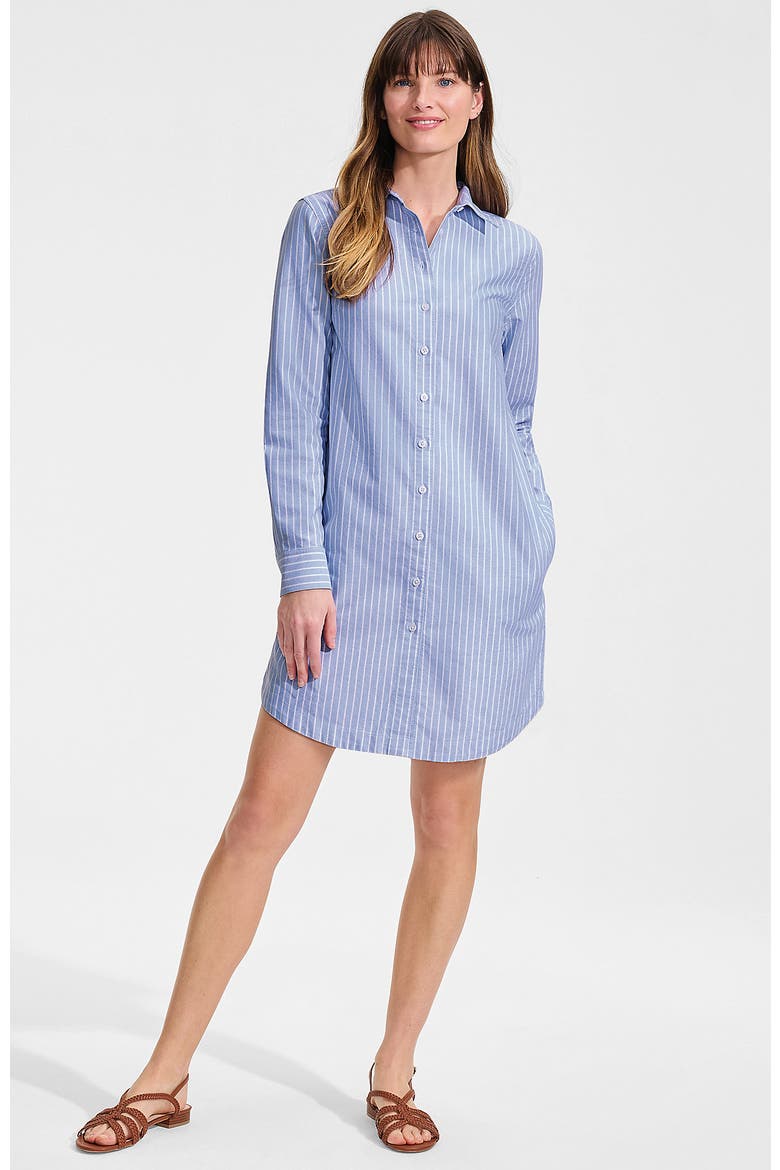 Linen Long Sleeve Button Front Shirt Dress, Main, color, Blue/White Stripe