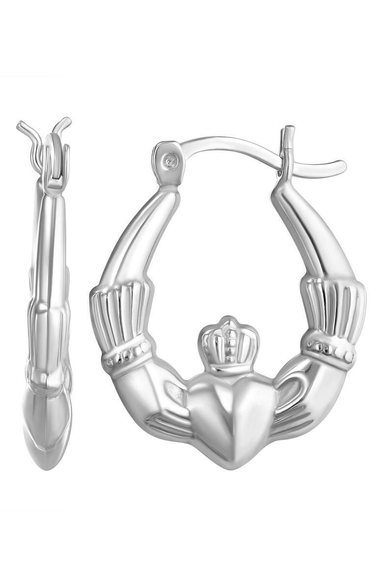 CANDELA JEWELRY Sterling Silver Claddagh Huggie Hoop Earrings, Main, color, Silver