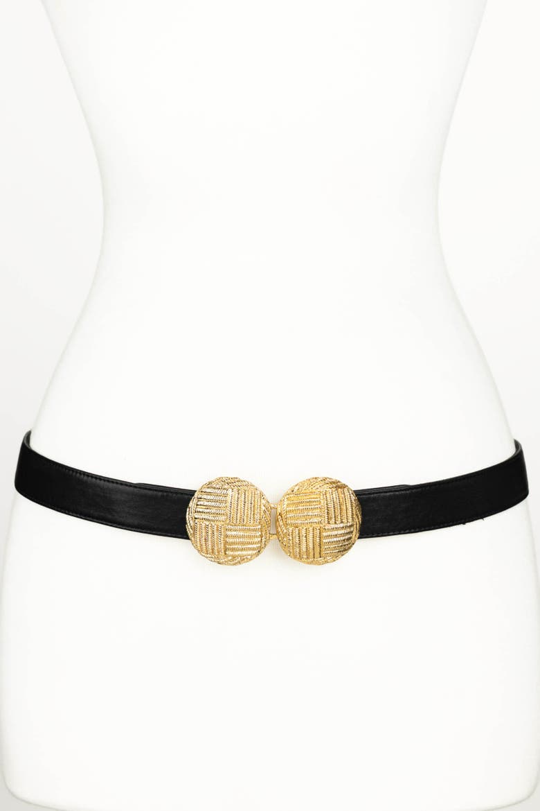 Round Gold Medallion Buckle Leather Belt, Main, color, Black