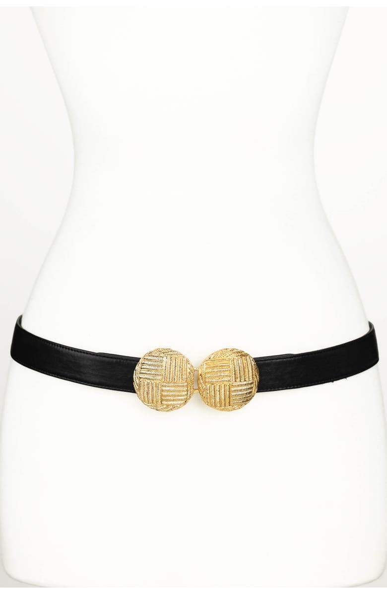 Raina Belts Round Gold Medallion Buckle Leather Belt, Main, color, Black
