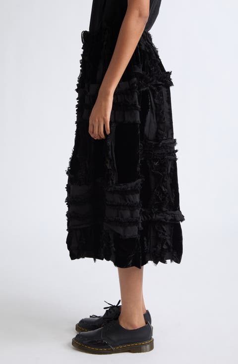 Mixed Material Ruffle Midi Skirt