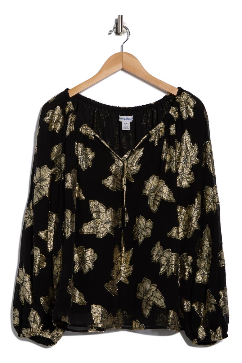 Shimmering Shores Metallic Leaf Print Split Neck Top, Alternate, color, BLACK