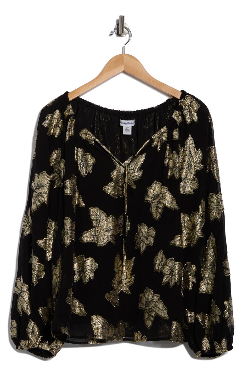 Tommy Bahama Shimmering Shores Metallic Leaf Print Split Neck Top, Alternate, color, Black