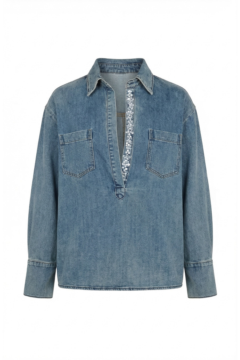 Denim Popover Top, Alternate, color, Medium Wash Blue