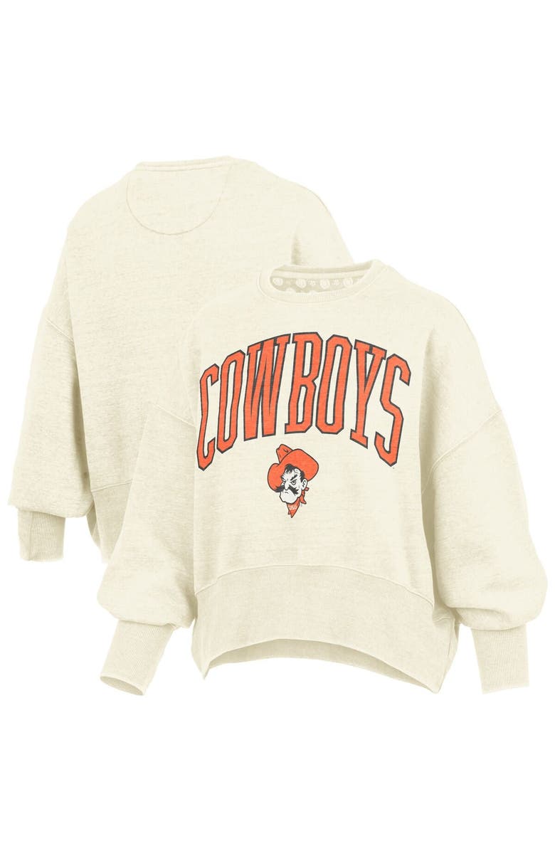 PRESSBOX Women's Pressbox Natural Oklahoma State Cowboys Oversized Waist-Length Crewneck Sweatshirt, Main, color, Natural